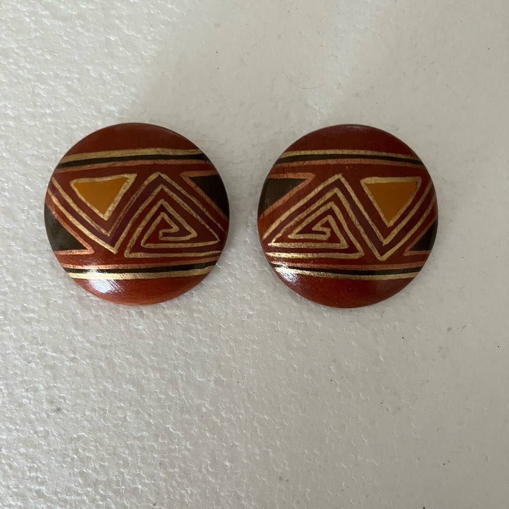Boho Geometric Wooden Statement Earrings | Tribal Pattern Round Studs